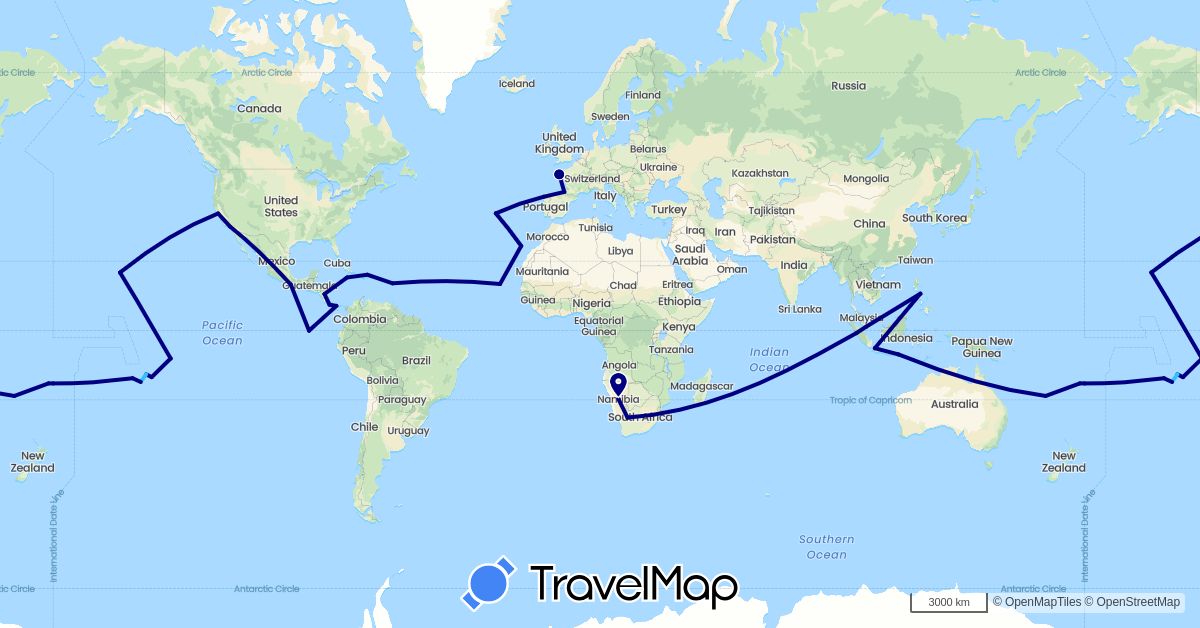 TravelMap itinerary: driving, boat in Costa Rica, Cape Verde, Dominican Republic, Ecuador, Spain, Fiji, France, Indonesia, Jamaica, Mexico, Namibia, Nicaragua, Panama, Philippines, Portugal, Singapore, United States, South Africa (Africa, Asia, Europe, North America, Oceania, South America)
